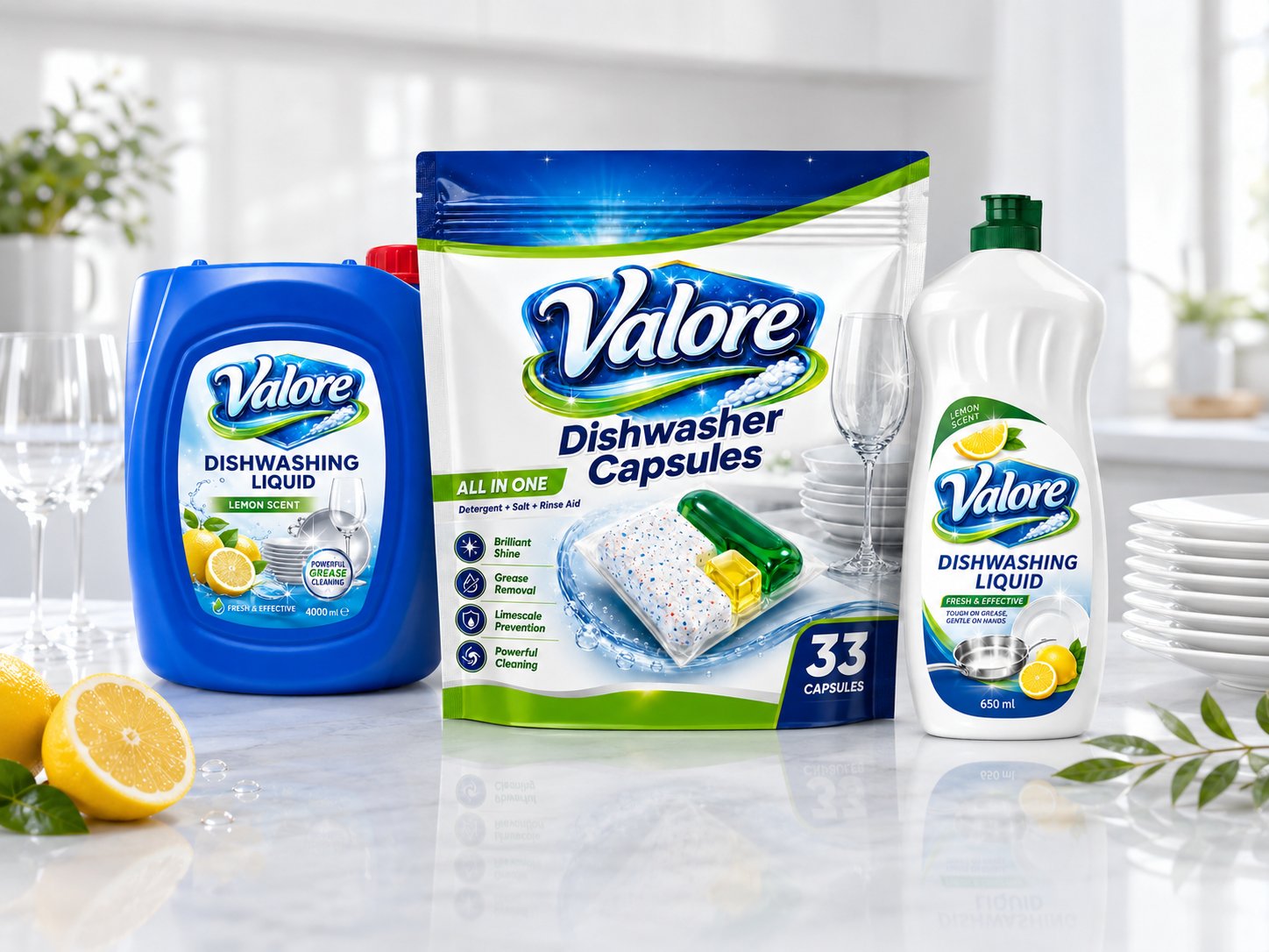 Valore dishwashing range — 4L jerrycan, 33-capsule pouch and 650ml dishwashing liquid