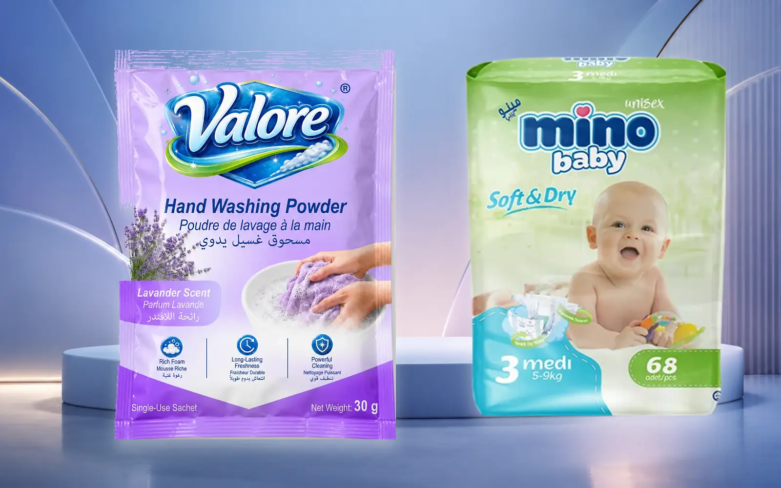 Valore Lavender 30 g hand washing powder and Mino Baby Super Jumbo diaper pack