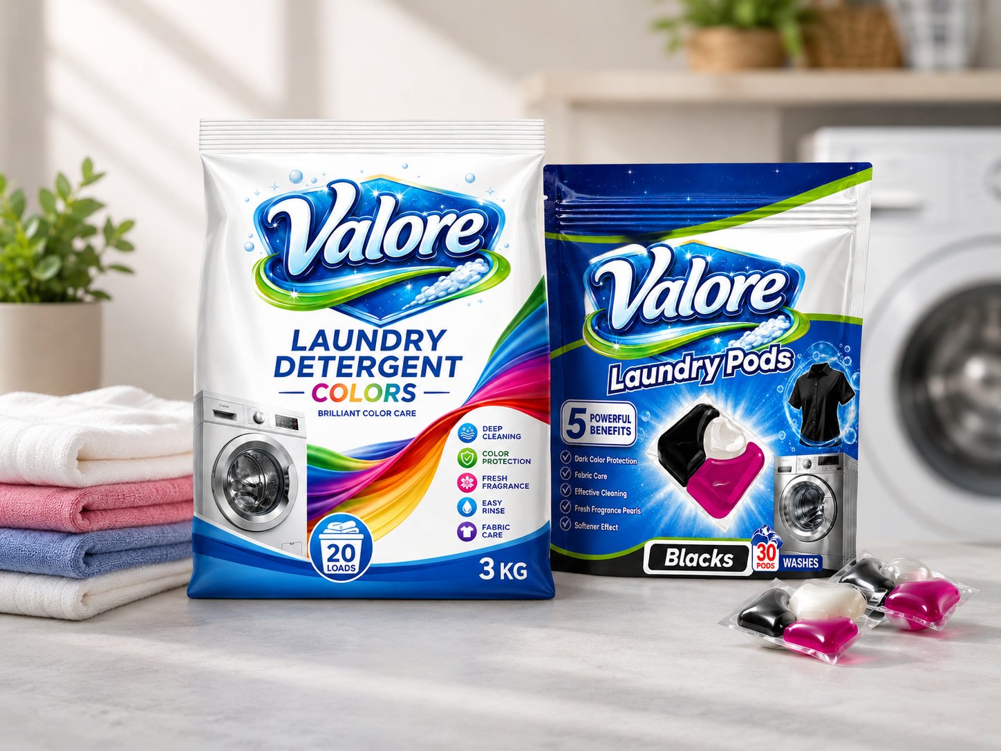 Valore laundry detergent powder and laundry pods family — laundry care range