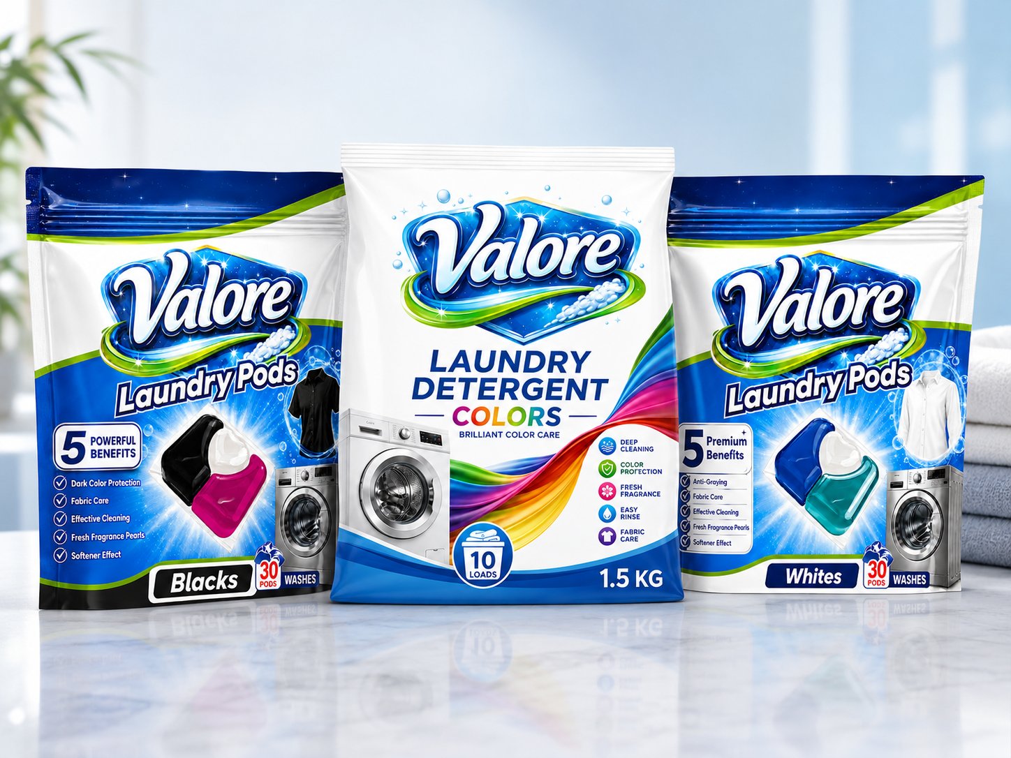 Valore laundry care range — Blacks pods, Colors powder detergent and Whites pods