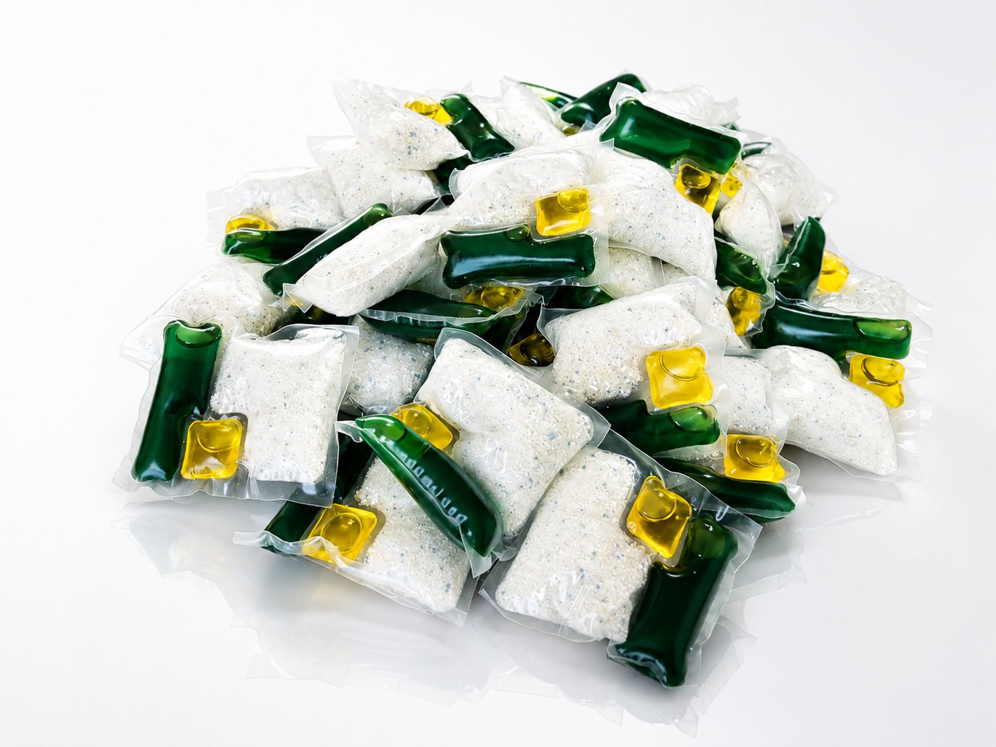 Loose dishwasher capsules showing the all-in-one structure: powder pouch with integrated gel chambers for detergent, salt and rinse aid functions