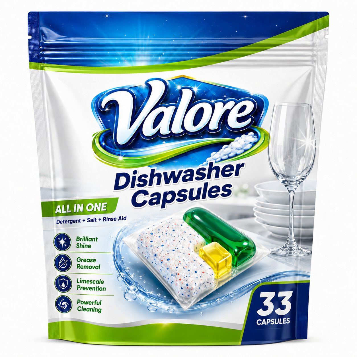 Valore All-in-One Dishwasher Capsules — 33-piece resealable pouch