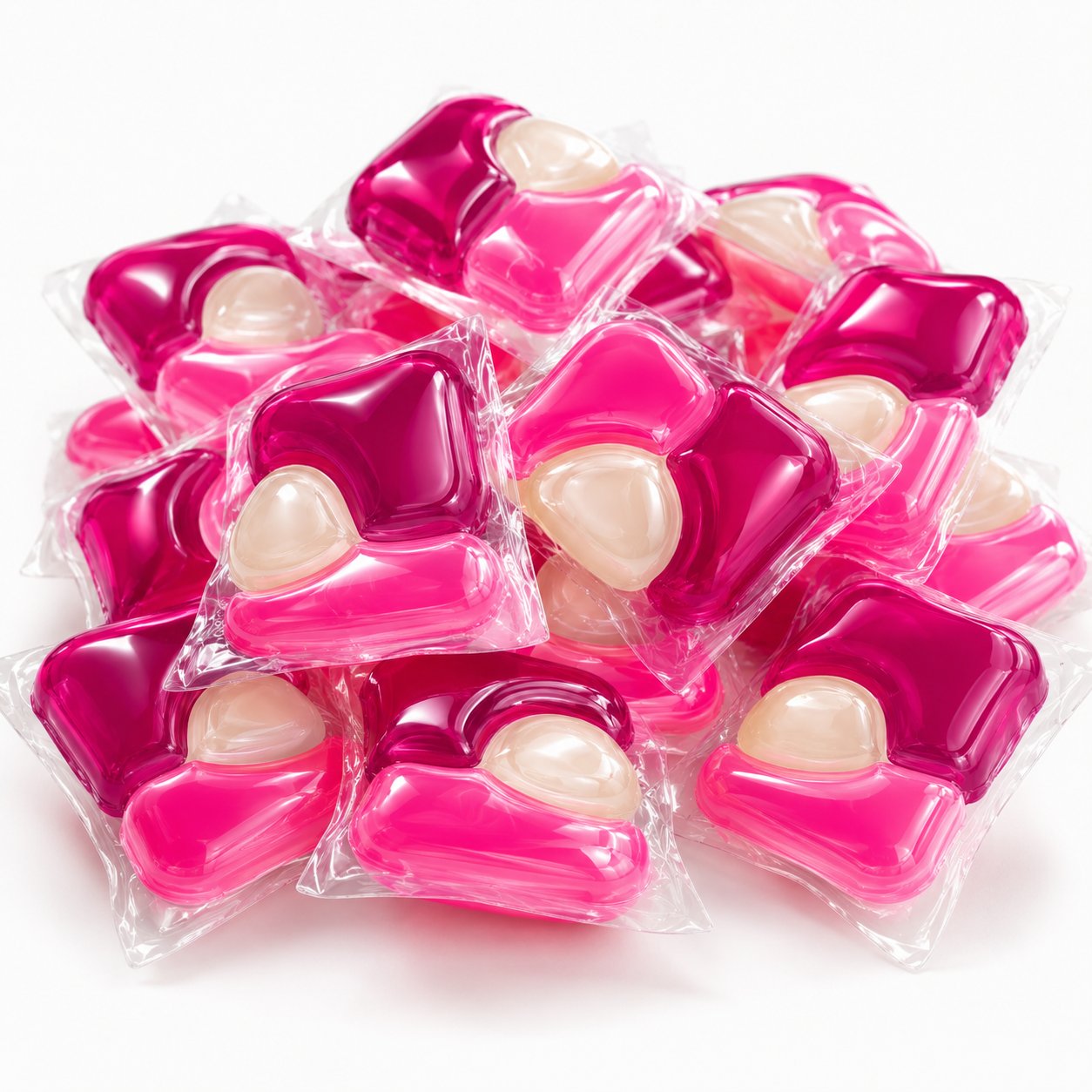 Close-up of a single laundry pod showing the multi-chamber structure with concentrated liquid actives and a built-in care pearl