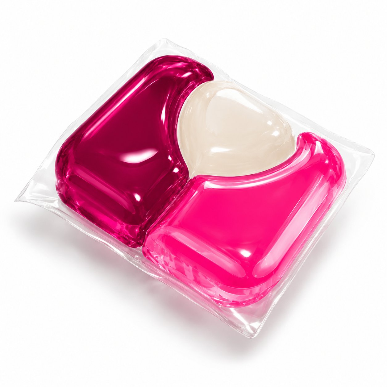 A pile of laundry pods showing the typical capsule structure: outer water-soluble film with separate chambers for active ingredients