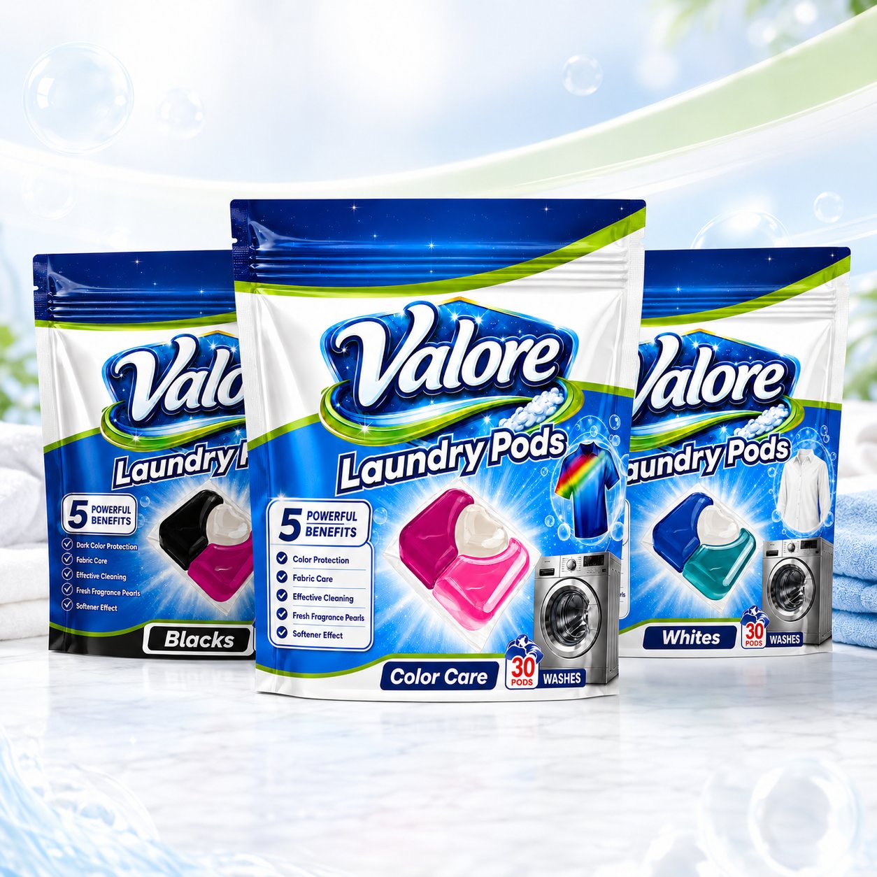 Valore Laundry Pods range — Color Care, Whites and Blacks variants