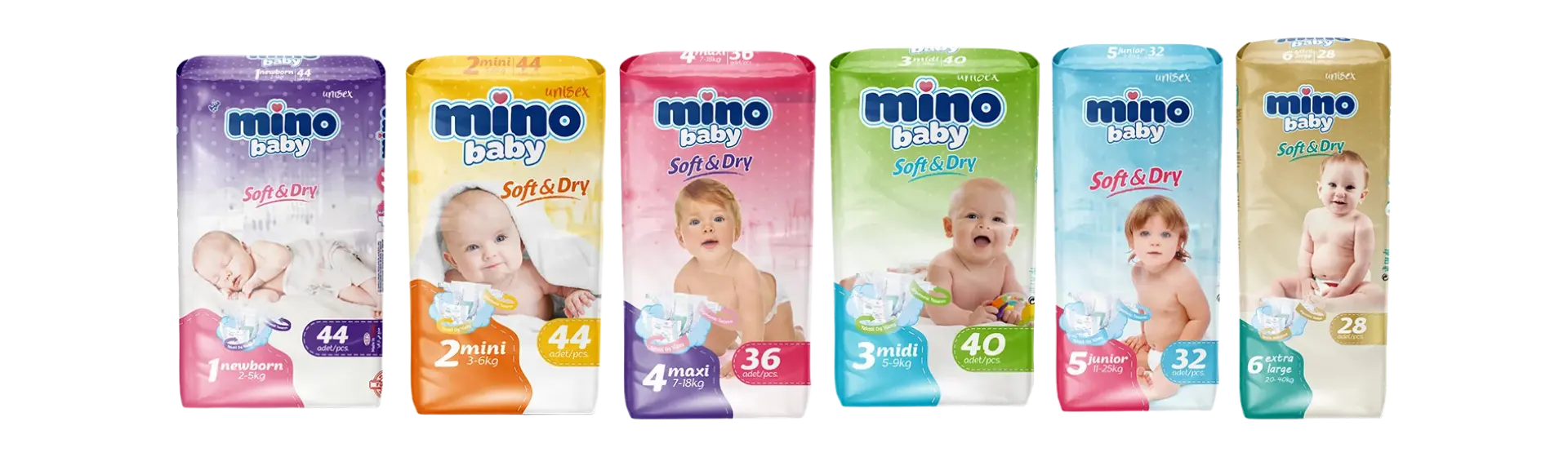 Mino Baby Jumbo diaper pack range in sizes 1 to 6