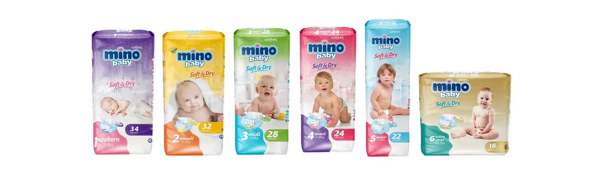 Mino Baby Standard diaper pack range in sizes 1 to 5