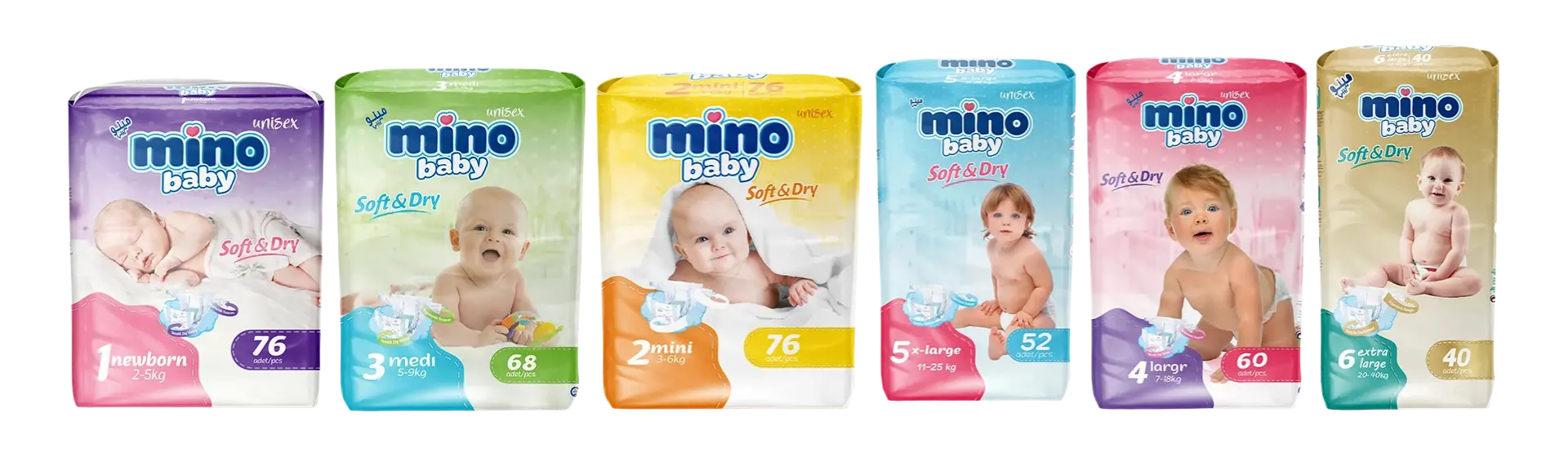 Mino Baby Super Jumbo diaper pack range in sizes 1 to 6